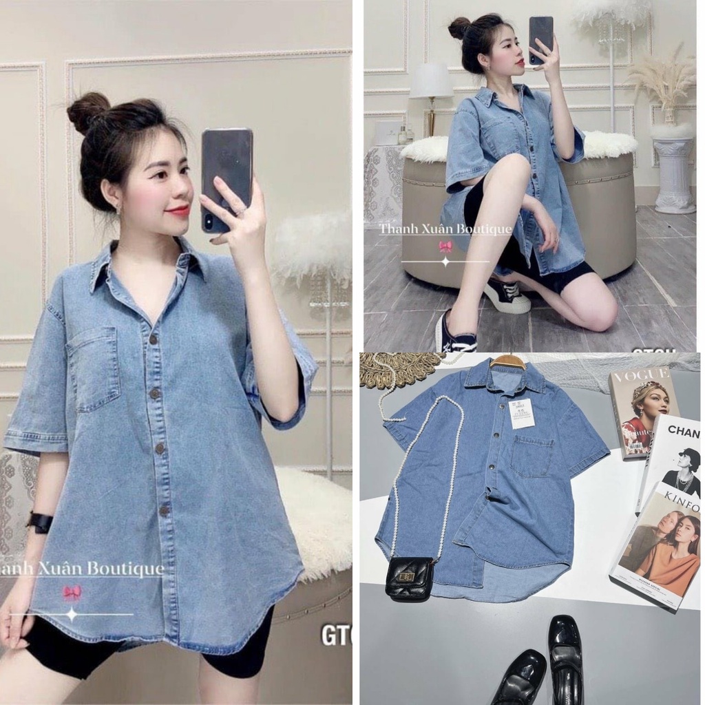 Áo Sơ Mi Bò Cộc Tay Vải Denim Dáng Rộng dưới 60kg - Áo Somi Nữ Ngắn Tay Túi Trước  QM|SU