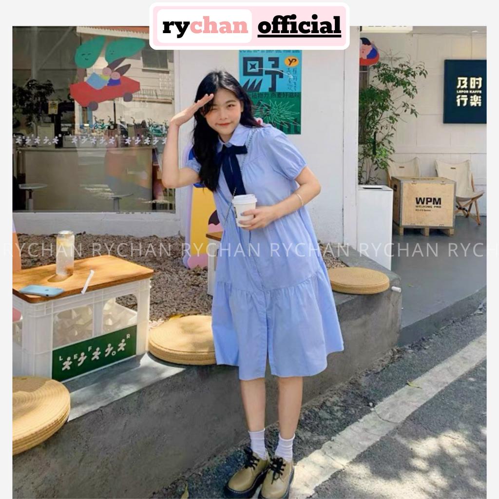 Đầm Nữ Cổ Sơ Mi Tay Ngắn Phối Nơ Cổ Xinh Xắn, Đầm Babydoll Đi Picnic Dáng Xòe Tầng Màu Xanh - DX167