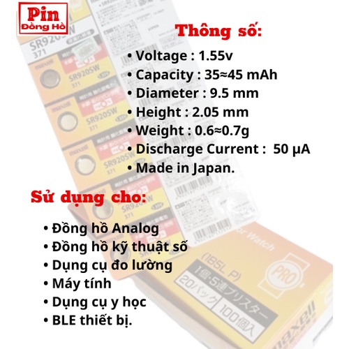 Pin 920 Maxell SR920SW PRO 1 vỉ 5 viên. Pin sr920 dùng cho cmos, thiết bị điện tử, pin đồng hồ, bảng mạch điện....