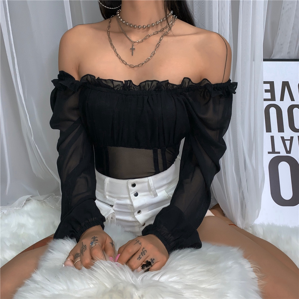 Sexy Off Shoulder Mesh Patchwork Slim Bodysuit Women Long Sleeve Ruffle Rompers | BigBuy360 - bigbuy360.vn