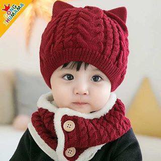 Sét mũ khăn tai mèo lót lông siêu ấm cho bé