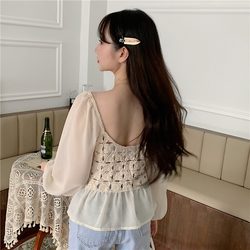Áo kiểu SUXI phối chiffon tay ngắn phong cách Hàn Quốc thanh lịch thời trang dành cho nữ