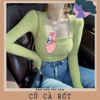 Áo thun tay dài cổ vuông chất thun gân co giãn mềm mịn