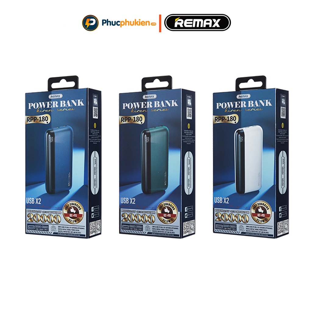 Sạc dự phòng 20000mah chính hãng Remax RPP180 sạc nhanh iPhone 18w và 20w sạc 3 thiết bị cùng lúc - Phúc Phụ kiện