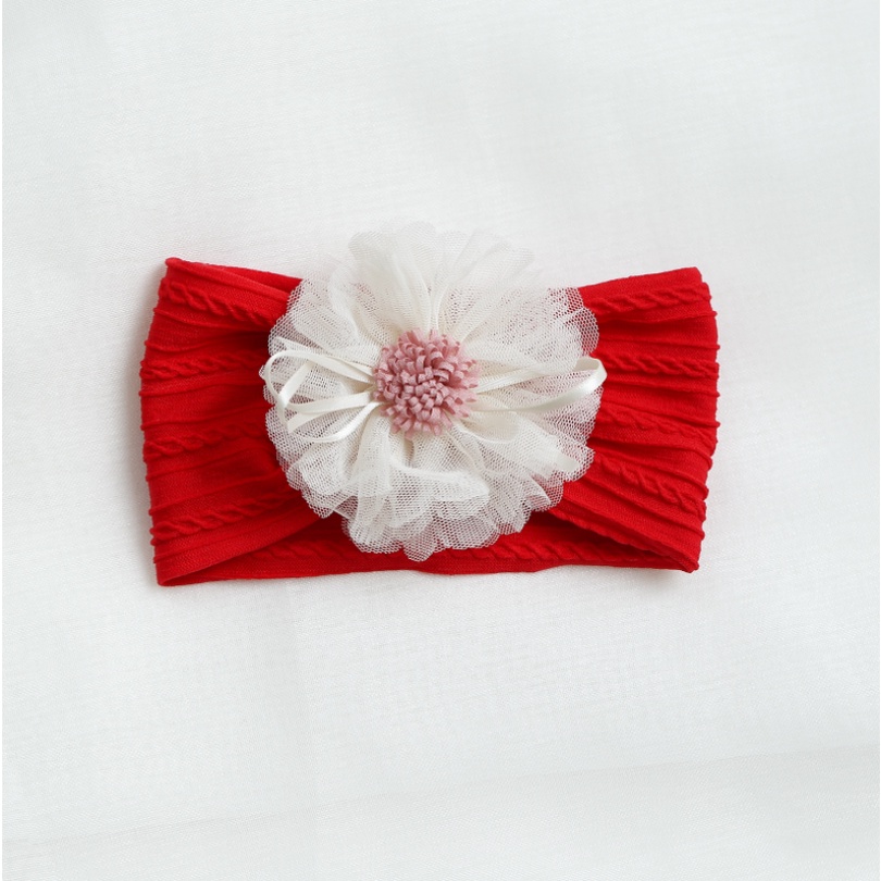 Turban vải dệt bản to, đính hoa ren cho bé gái