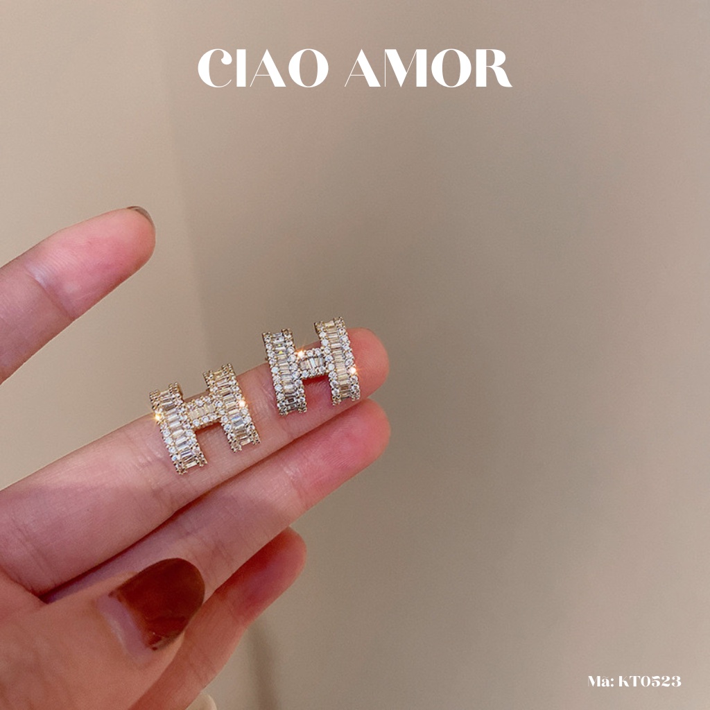 Set Khuyên tai nữ, Dây chuyền nữ chữ H đính đá lấp lánh Trang sức Ciao Amor - KT0523