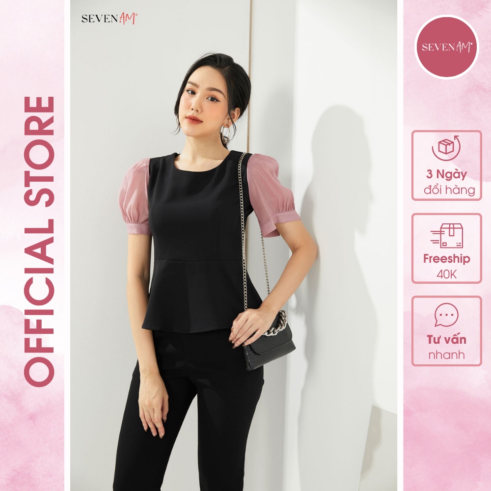 Áo Sơ Mi Chui Tay Cộc Phối Đen Cổ Tròn Seven.am Fh103063
