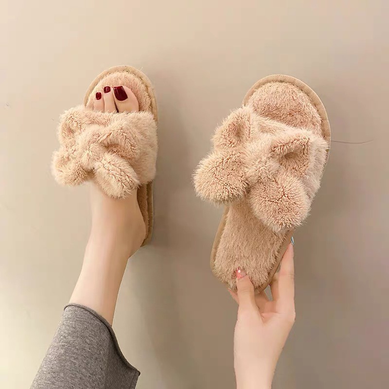Dép Bông Đi Trong Nhà Đính Nơ  𝐅𝐑𝐄𝐄𝐒𝐇𝐈𝐏  Dép Quai Ngang lông mềm siêu ấm áp mùa thu đông bền đẹp D21 HOT