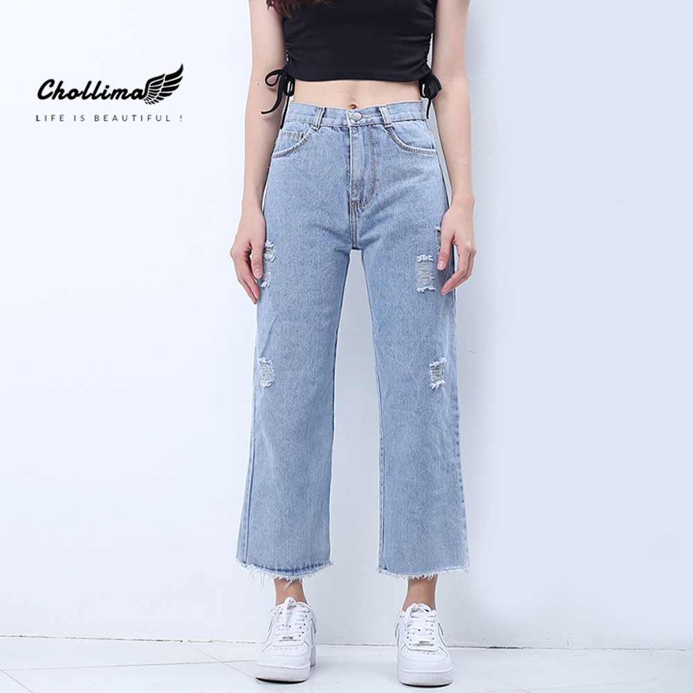 Quần baggy jeans nữ Chollima ống rộng tua lai màu xám trắng rách QD027