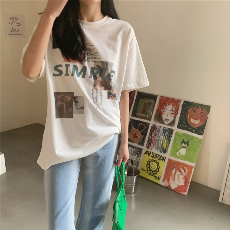 SUXI Áo thun tay ngắn cổ tròn dáng rộng phong cách cổ điển nữ tính