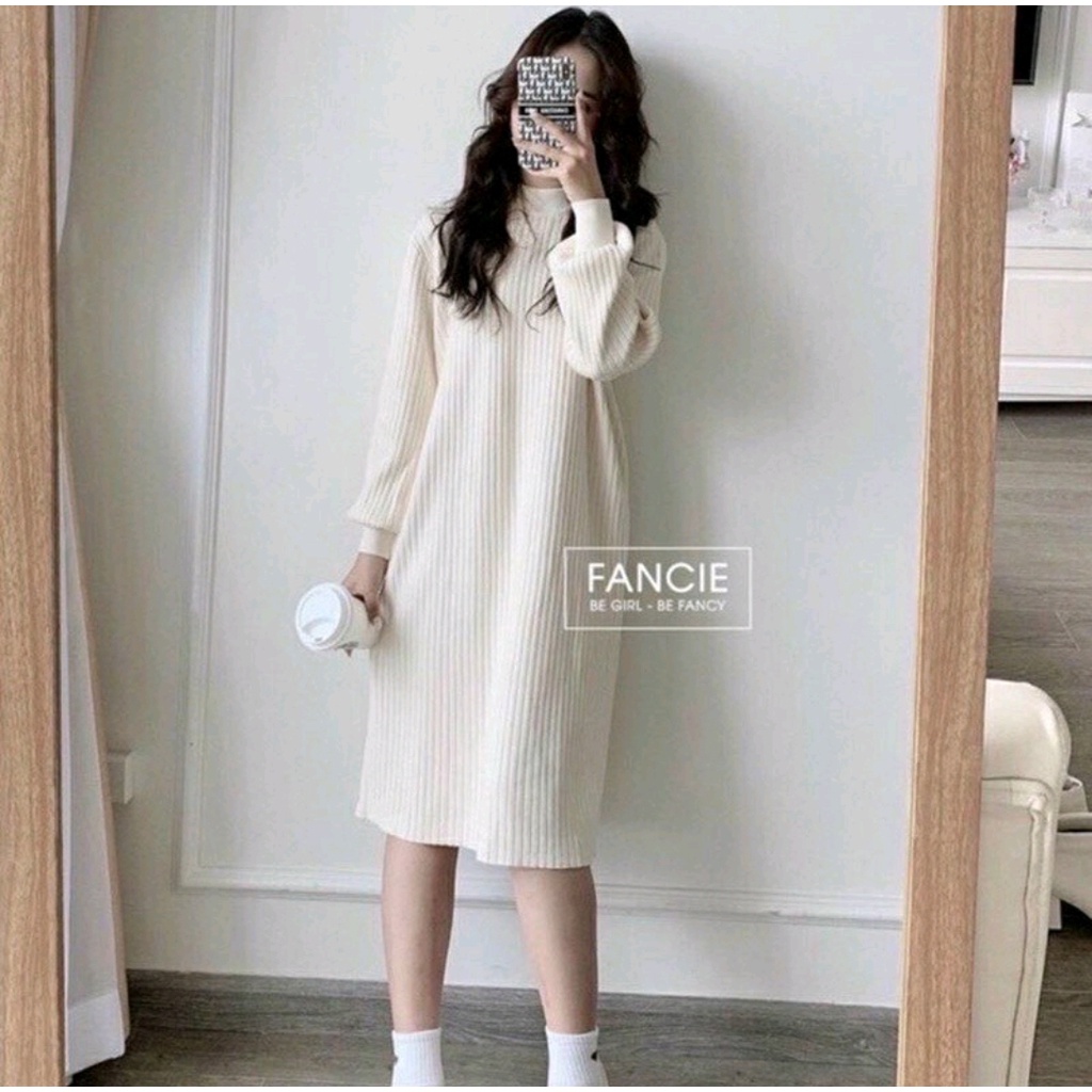 VÁY LEN NỮ DÁNG SUÔNG DÀI TAY, VÁY DÁNG SUÔNG TAY BỒNG CHẤT TIXI ĐẸP