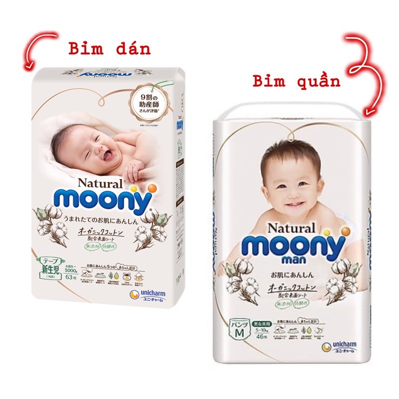 Tã bỉm MOONY NATURAL Nội Địa Nhật dán/quần NB63/S58/M46/L36/XL32