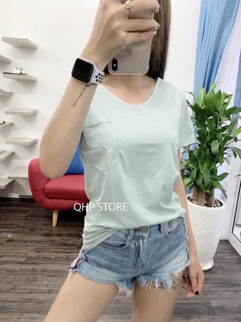 [RẺ NHẤT SHOPEE] Áo thun giấy cổ tim có túi - cổ vắt sổ. Còn hồng và xanh da trời