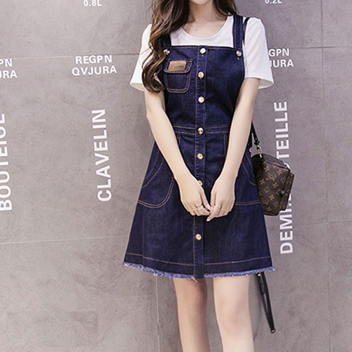 Yếm Jean,Đầm Yếm Jean Nữ,Váy yếm Jean Cài Nút Dọc Phối Túi