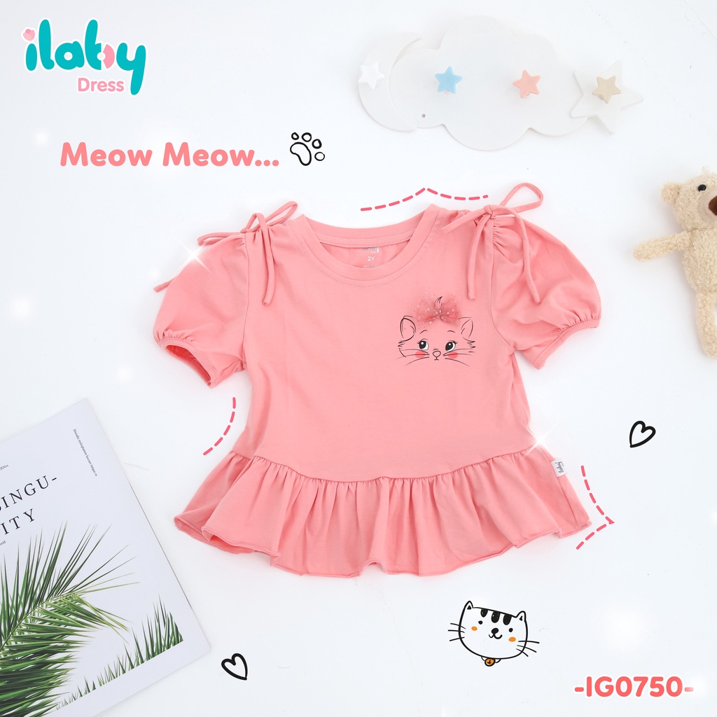 Áo cho bé gái ILABY đính nơ vai chất liệu thun cotton thoáng mát [20IG07500122]