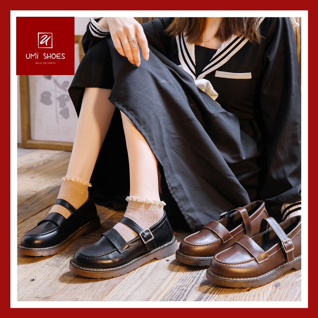 ulzzang (HÀNG CÓ SẴN Giày Lolita ulzzang vintage oxford mũi tròn khâu viền quai cài da mềm đế bằng 2cm màu đen/nâu đẹp m