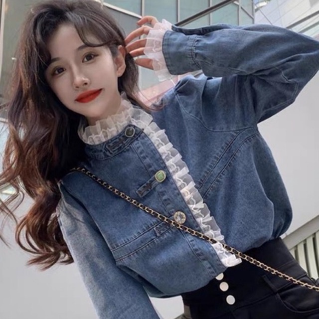 Áo bò nữ, áo sơ mi denim phong cách cổ điển Châu Âu 2022