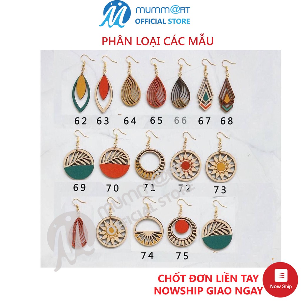 Bông tai handmade phong cách vintage, hình tròn, tam giác, chữ nhật bằng gỗ - Mummart