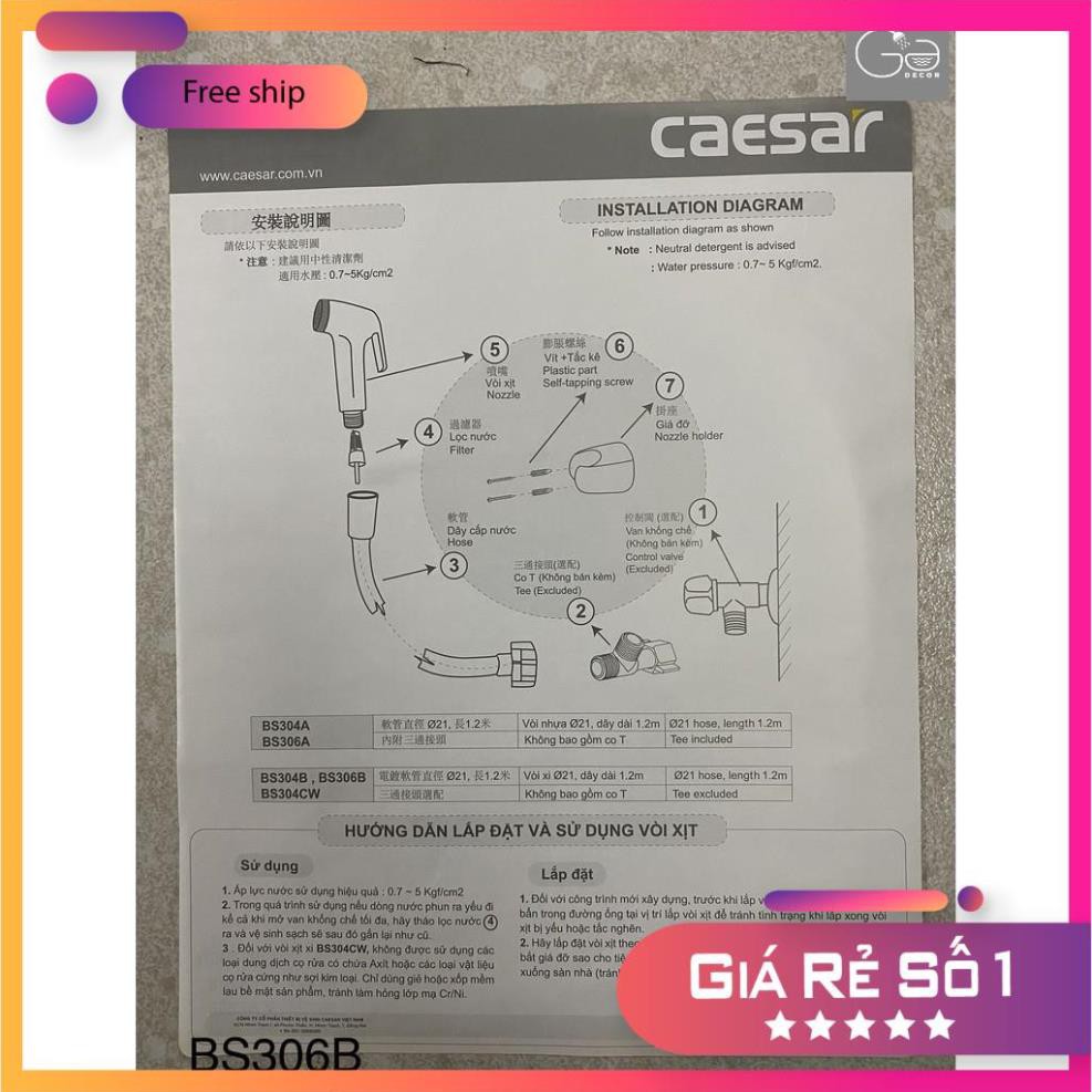 VÒI XỊT VỆ SINH,XỊT BỒN CẦU CAO CẤP CAESAR BS306B ĐẦU NHỰA DÂY INOX