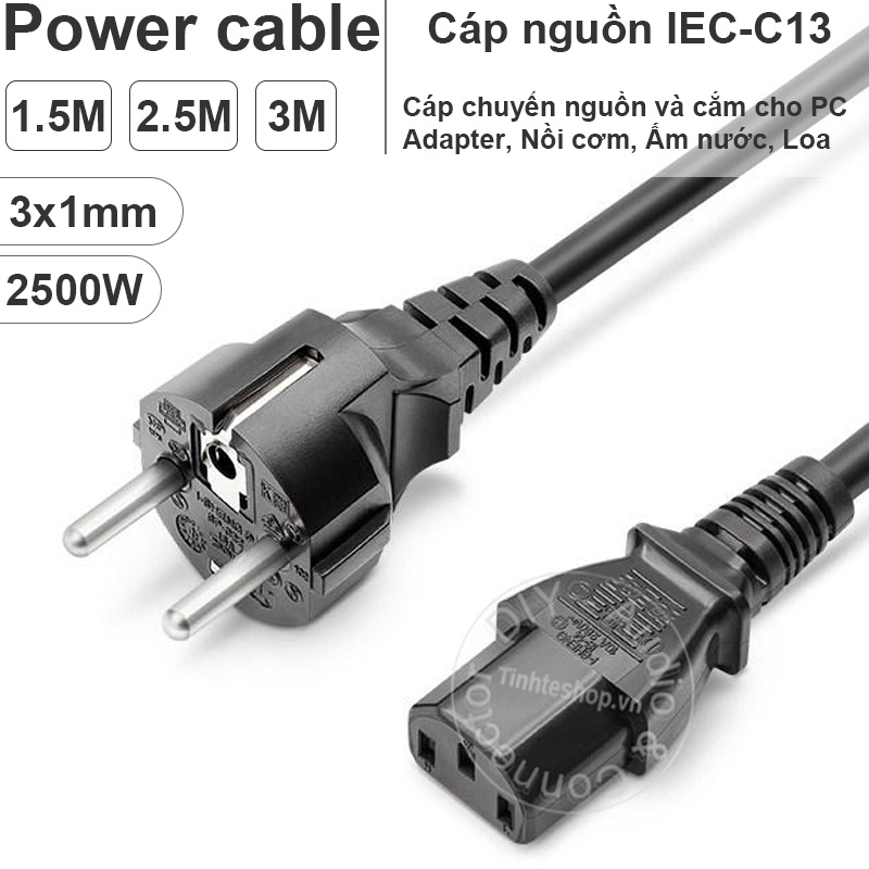 Dây nguồn nồi cơm điện C13 3x1mm chịu tải 2500W - Cáp nguồn cho PC Loa kéo Nồi cơm Ấm điện 1.5M đến 3M