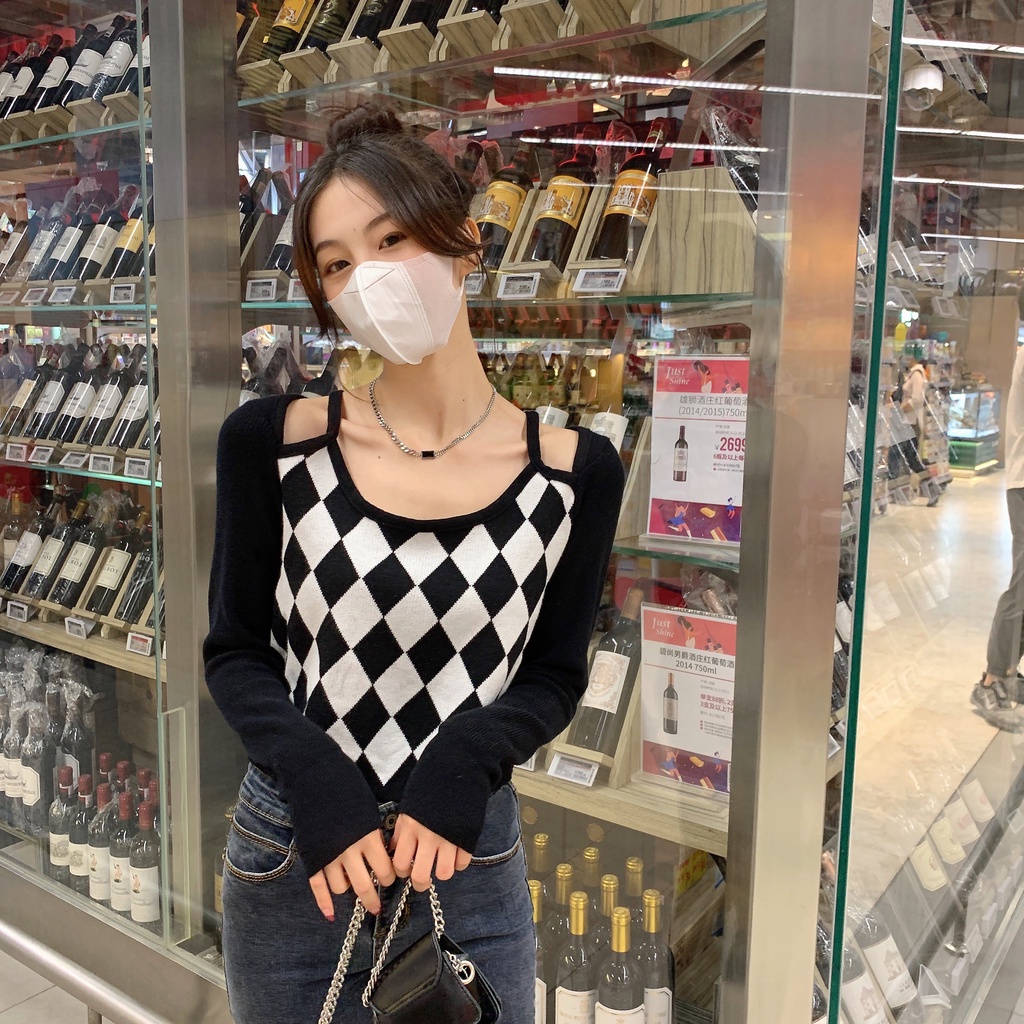 Áo dệt kim trễ vai giả hai lớp họa tiết sọc caro thời trang cho nữ