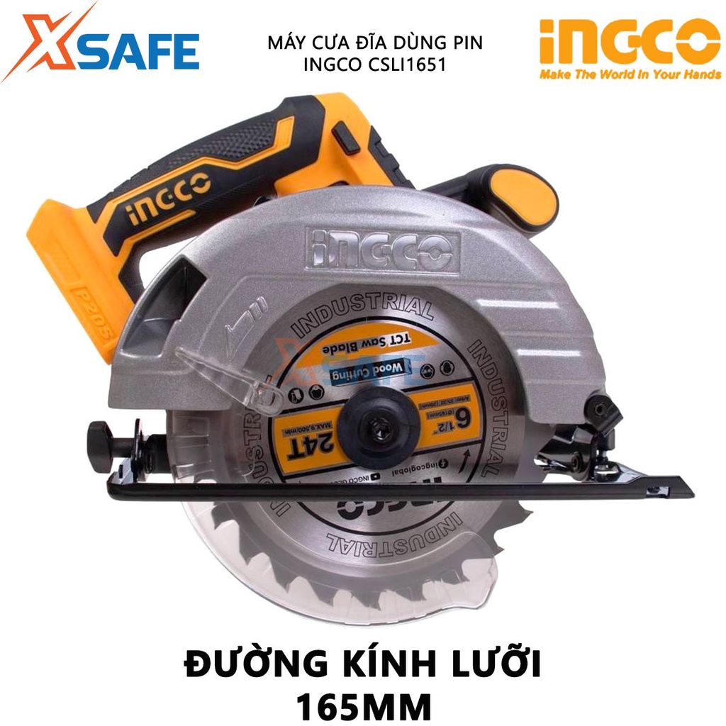 Máy cưa gỗ cầm tay dùng pin 20V INGCO CSLI1651 Máy cưa đĩa đường kính 165mm, tốc độ 3800rpm, khả năng cắt tối đa 55mm