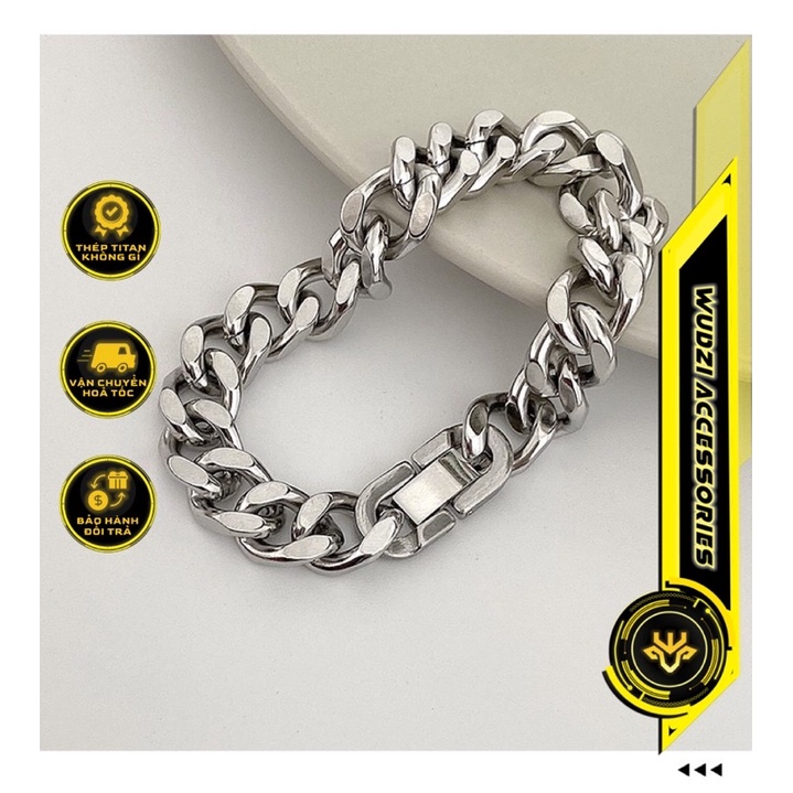 Vòng tay thép titan không gỉ dây xích Cuban mài nhẵn chốt bấm 10mm phong cách hiphop, retro dành cho nam nữ Unisex