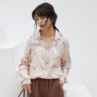 Áo Blouse nữ tay dài dáng suông in hoa cổ điển