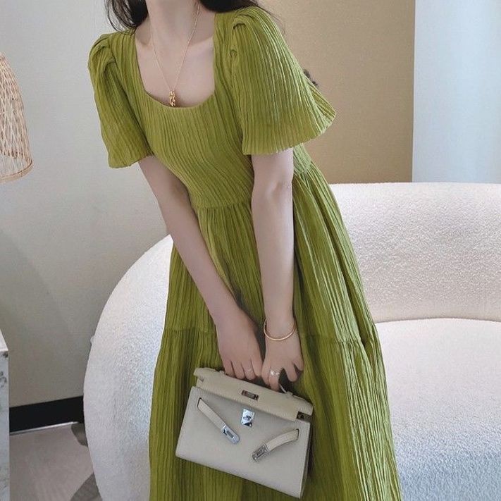 Đầm Tay Phồng Cổ Vuông Màu Xanh Lá Phong Cách Pháp Thời Trang Mùa Hè Hàng Mới 2022