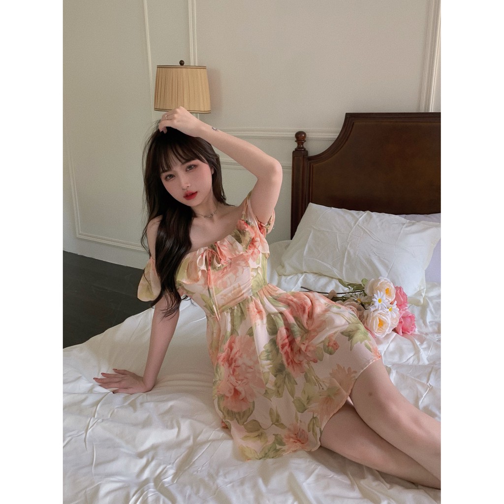 Đầm nữ vải voan ôm eo in họa tiết hoa thanh lịch thời trang