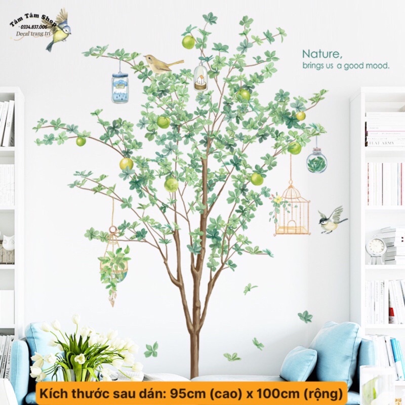 Decal dán tường, Tranh dán tường cây lựu ,chất liệu cao cấp phong cách Hàn Quốc.