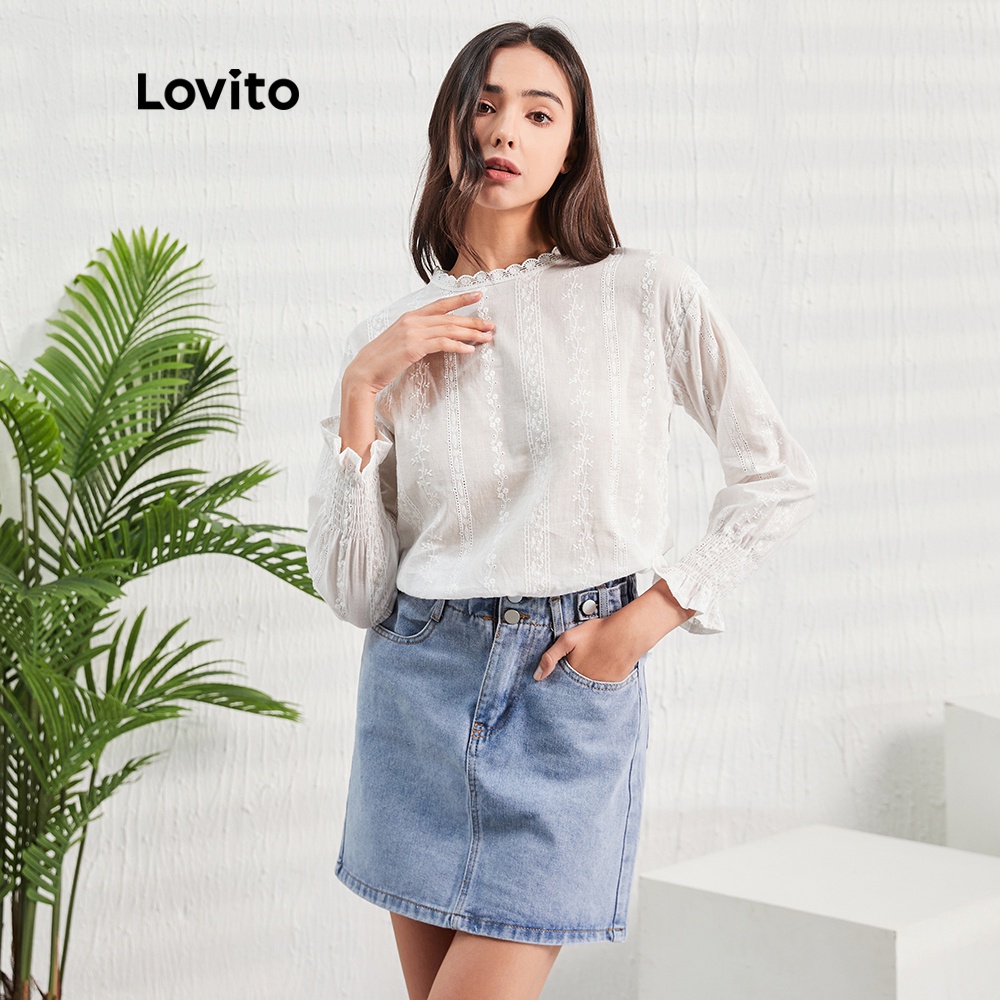 Áo kiểu Lovito bằng vải voan phối ren tương phản tay phồng đáng yêu L07156 (màu trắng) | BigBuy360 - bigbuy360.vn