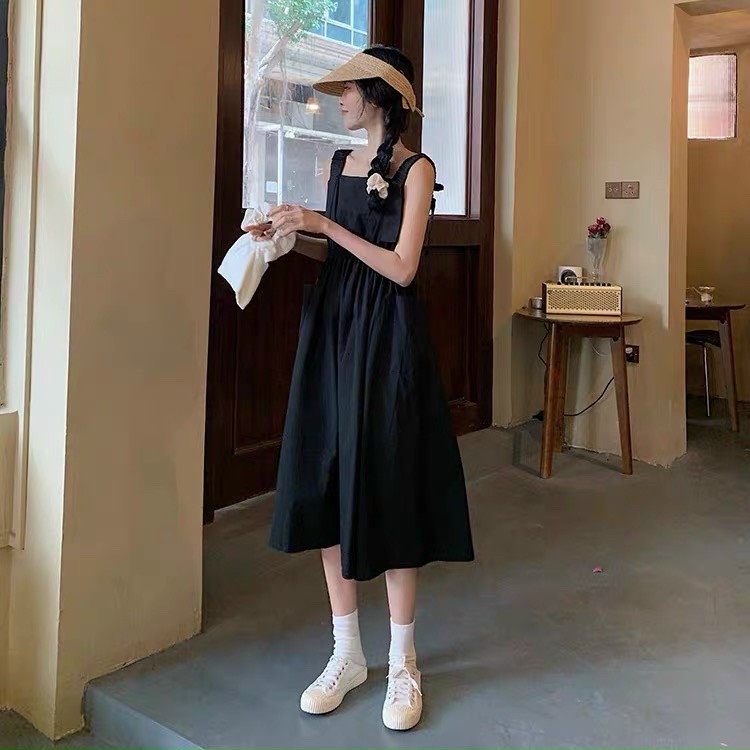 Đấm 2 dây  chun eo chất vải thô , đầm 2 dây chất vải thô  có túi 2 bên