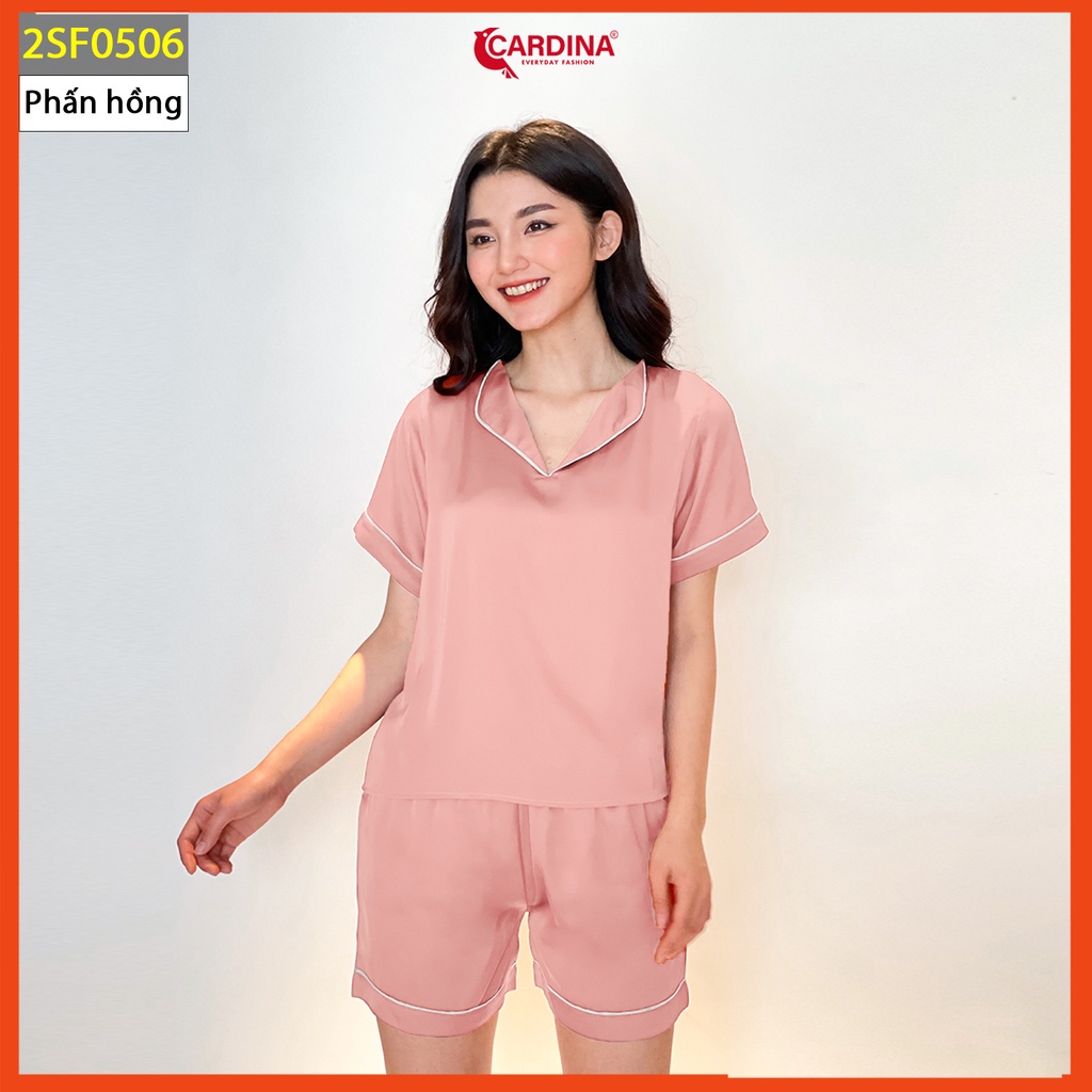 Đồ bộ nữ CARDINA chất lụa Satin Nhật cao cấp áo cộc tay cổ bẹt vai quần đùi kẹp viền lé 2SF05