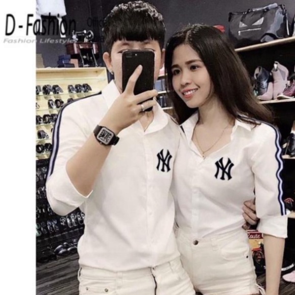 Áo sơ mi Nam Nữ -Chất mát không nhăn thời trang công sở đi làm mặc Đôi-Size Từ 50-75kg-Áo Sơ Mi In Thễu Chữ NY Trắng đen