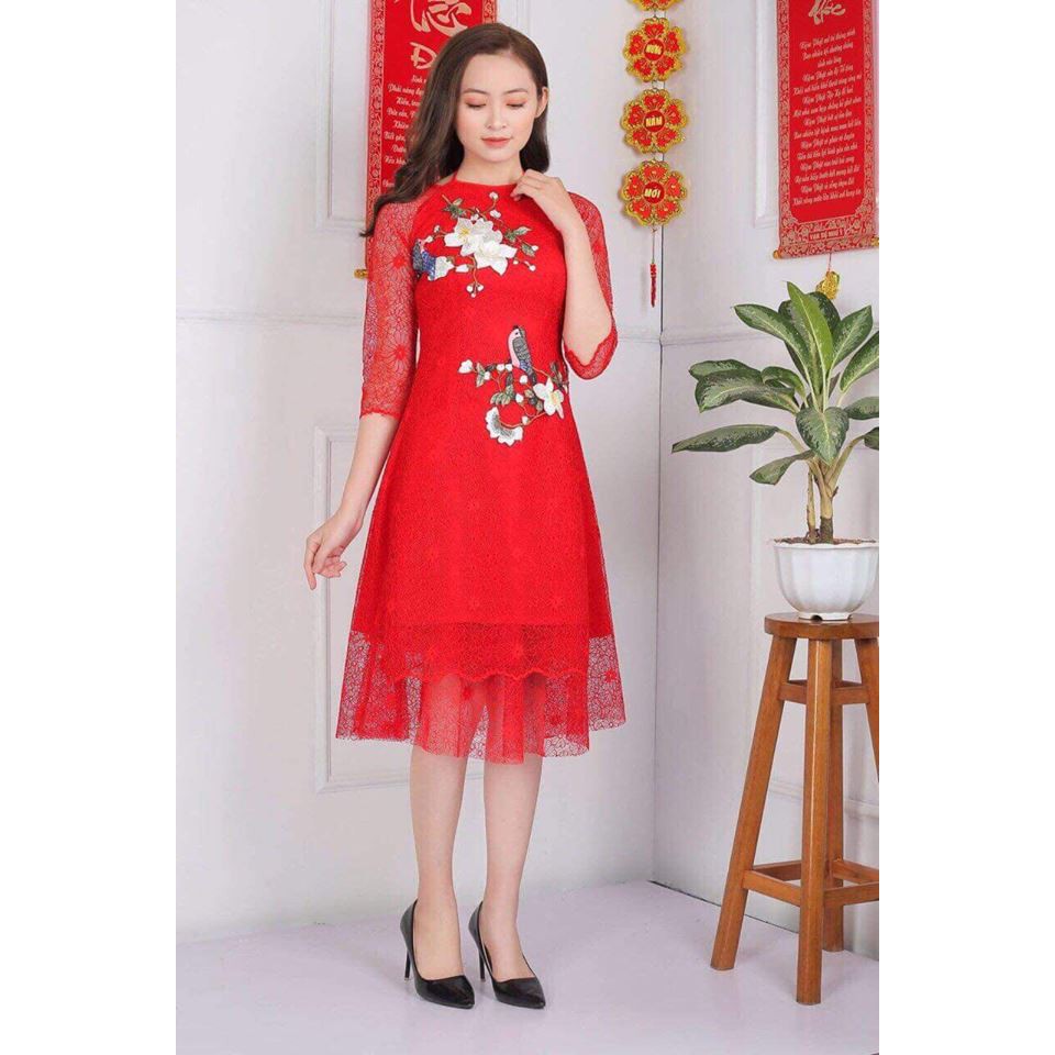 [Mã WA99RN giảm 20k đơn 99k] ÁO DÀI, CÁCH TÂN REN THÊU CHIM NỔI 3D(SET 1 ÁO DÀI + 1 CHÂN VÁY RỜI)