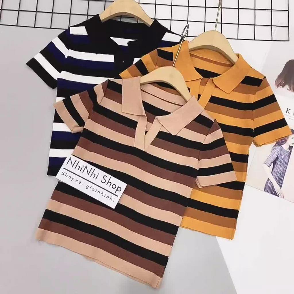 Áo len cổ đức kẻ ngang len mịn co giãn, Áo kiểu dáng ôm ngắn tay AL7521 - NhiNhi Shop | BigBuy360 - bigbuy360.vn