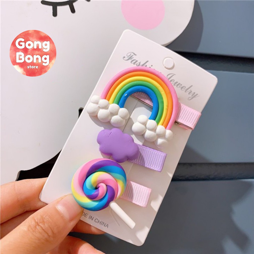 Set 3 kẹp tóc, cặp tóc hình cầu vồng, kẹo mút xinh xắn cho bé