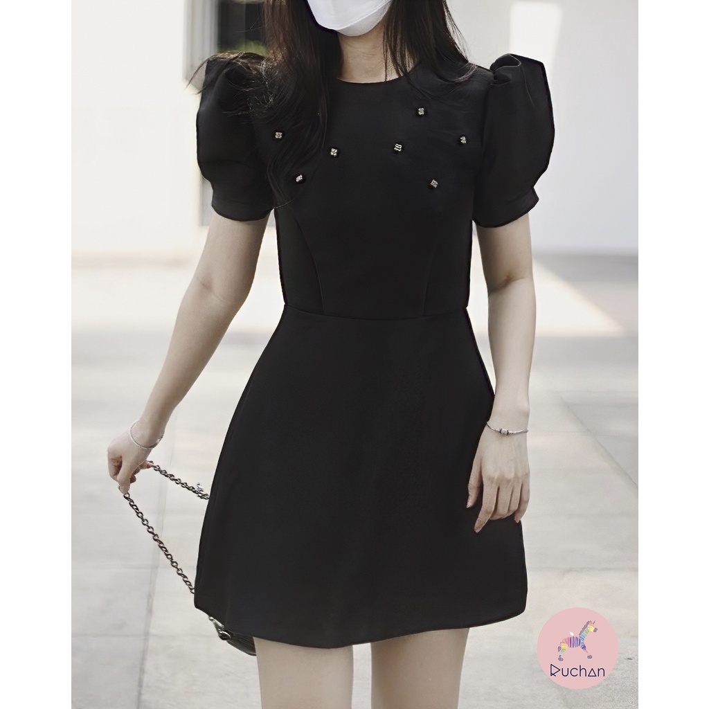 Đầm dự tiệc cưới RUCHAN sang trọng tiểu thư suông dài thiết kế tay phồng váy dự tiệc sang chảnh