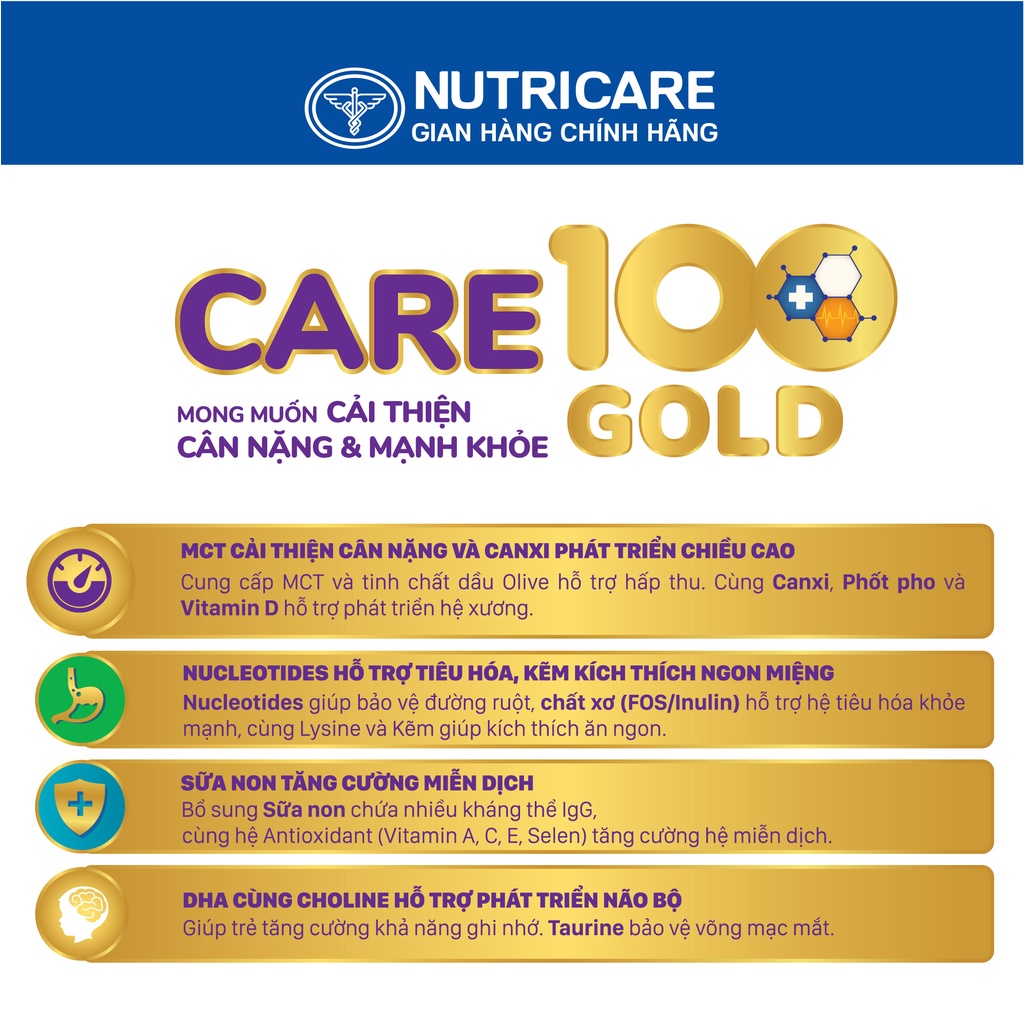 Sữa bột Nutricare CARE 100 GOLD Growth 0+ cho trẻ thấp còi 800g