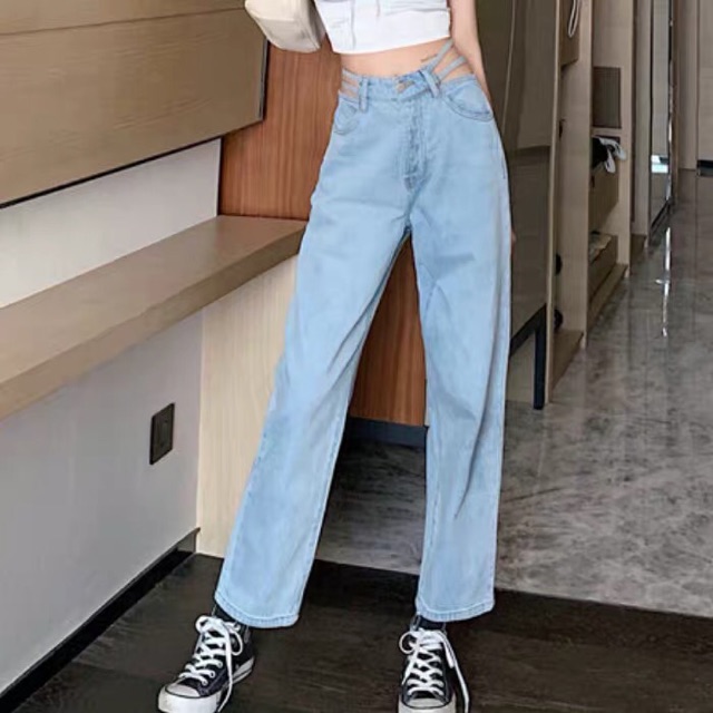 Quần Jeans Ống Suông Xẻ Sọc Eo Tôn Dáng ✨