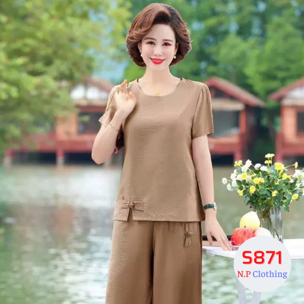 Bộ Trung Niên Mặc Nhà S871, Mẫu Lửng Đũi Trung Niên Nữ Cho Mẹ Kiểu Nút Thắc Nơ Cổ Tròn Ngắn Tay Mềm Mịn Sang Trọng