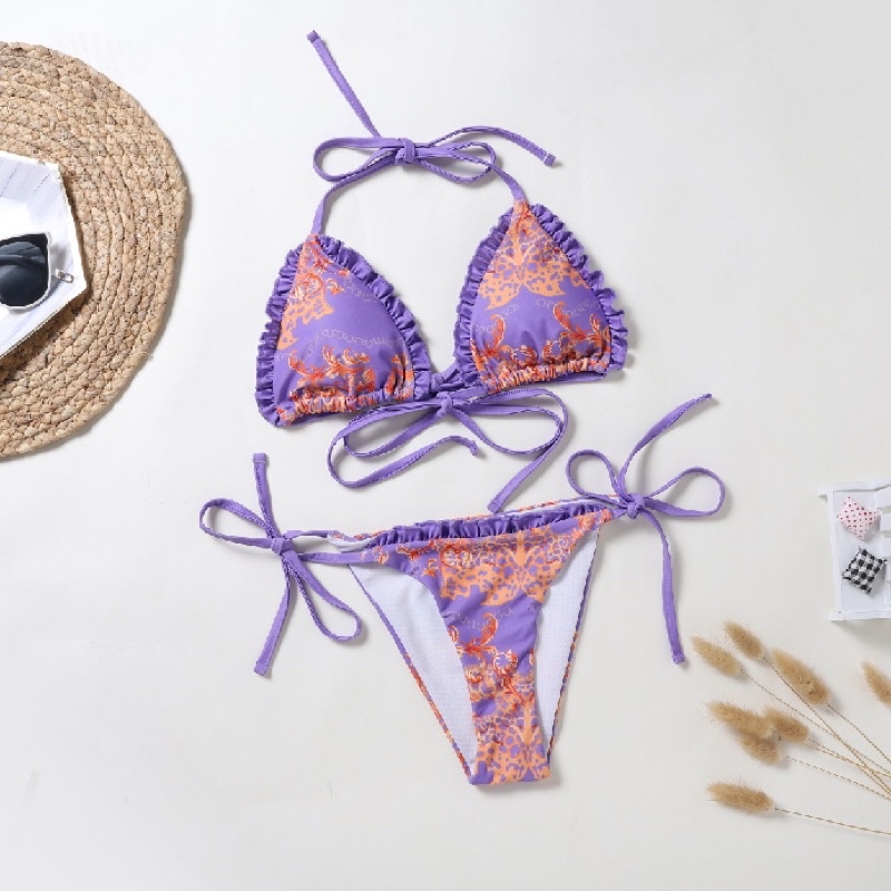 [BKN1086] &lt;ÂU&gt; SET BIKINI TRIANGLE TÍM HOẠ TIẾT BÈO NƠ NGỰC