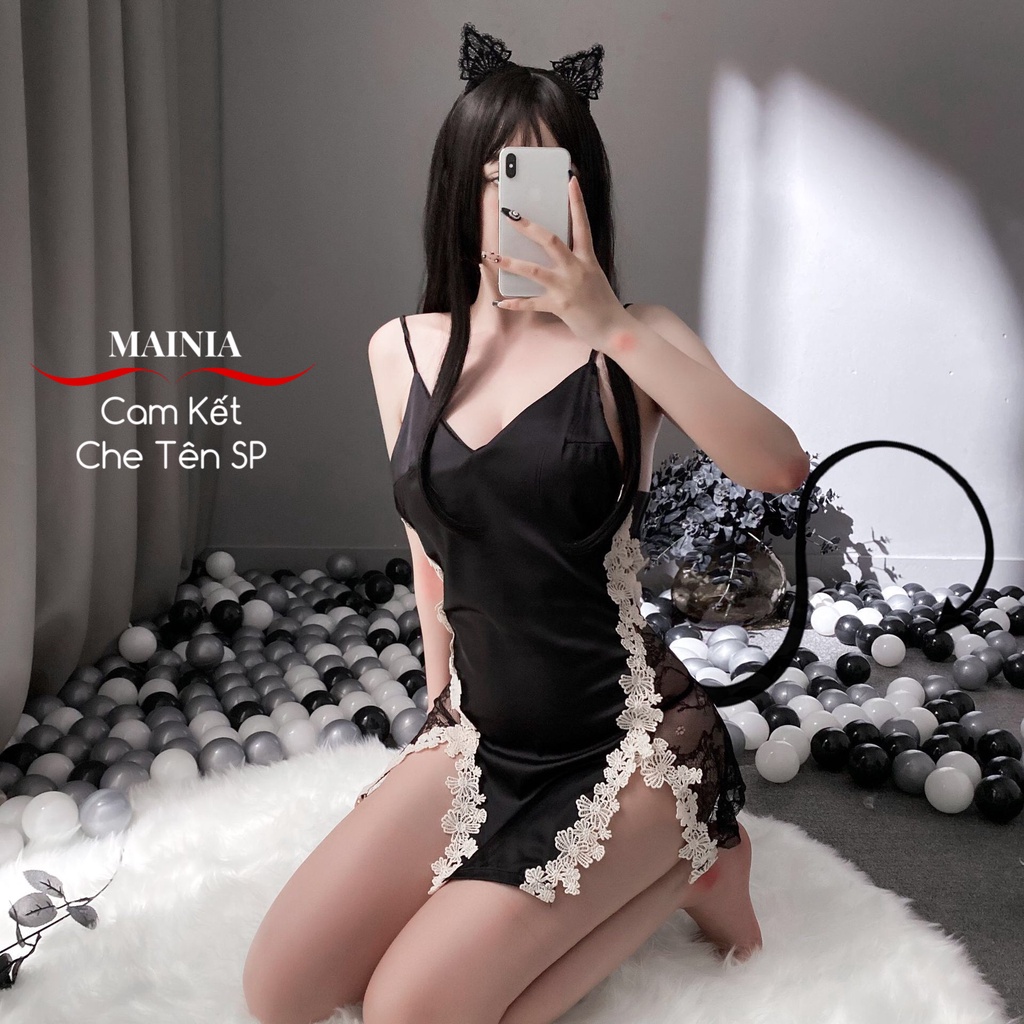 Váy Ngủ Đầm Ngủ Satin 2 Dây Phối Ren Xẻ Đùi Màu Đen Sexy Quyến Rũ Mainia Shop