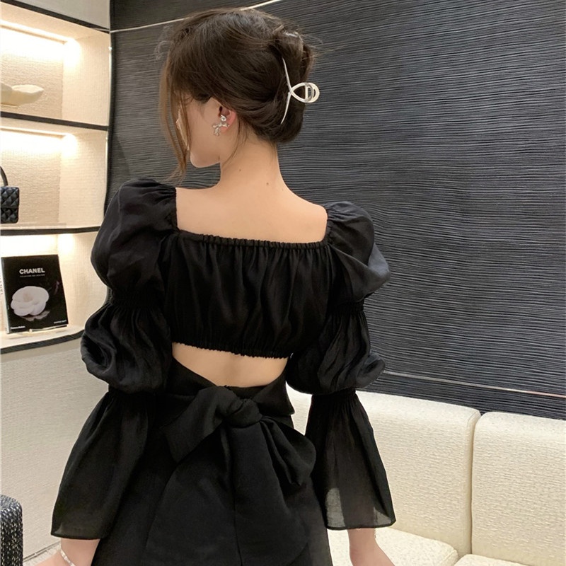 Áo Croptop Tay Loe Dài Phối Nơ Thiết Kế Hợp Thời Trang