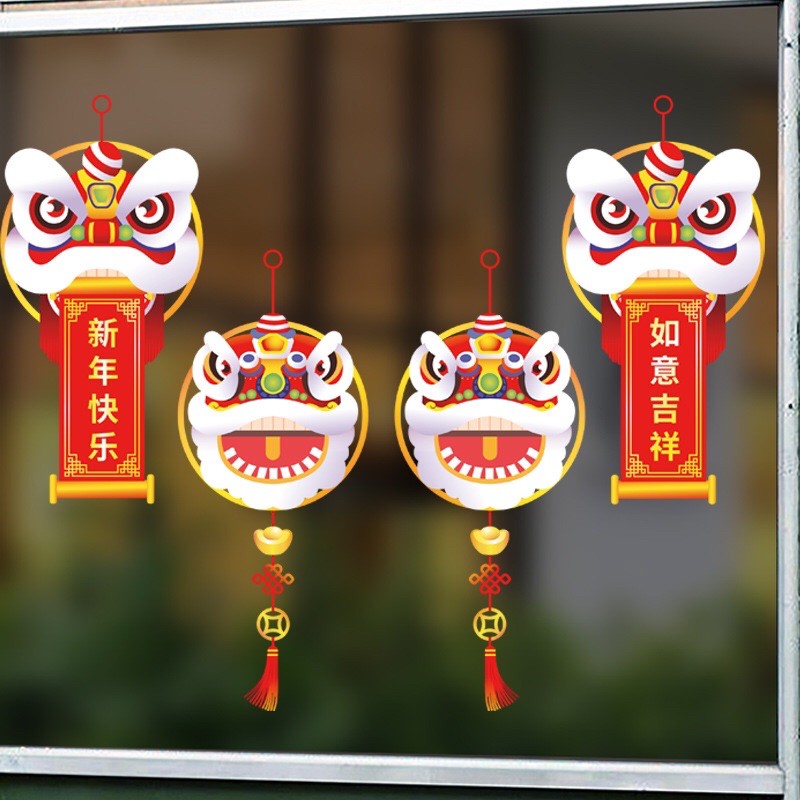 Decal Tết Hít Tĩnh Điện không dơ kính - 4 Đầu Lân chào Xuân