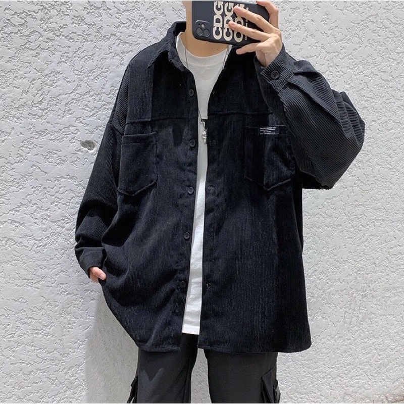 Áo sơ mi nam 🖤 FREESHIP 🖤 Áo sơmi nhung gân 2 túi màu ĐEN/XÁM form nam nữ unisex