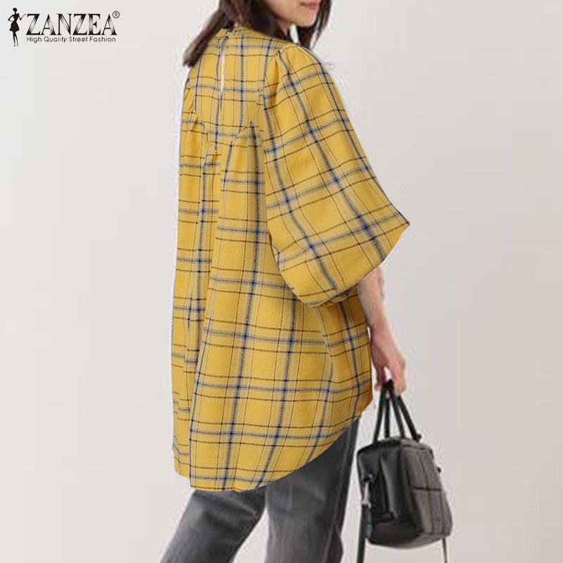 Áo sơ mi Zanzea tay dài dáng rộng cài nút họa tiết kẻ ô dành cho nữ