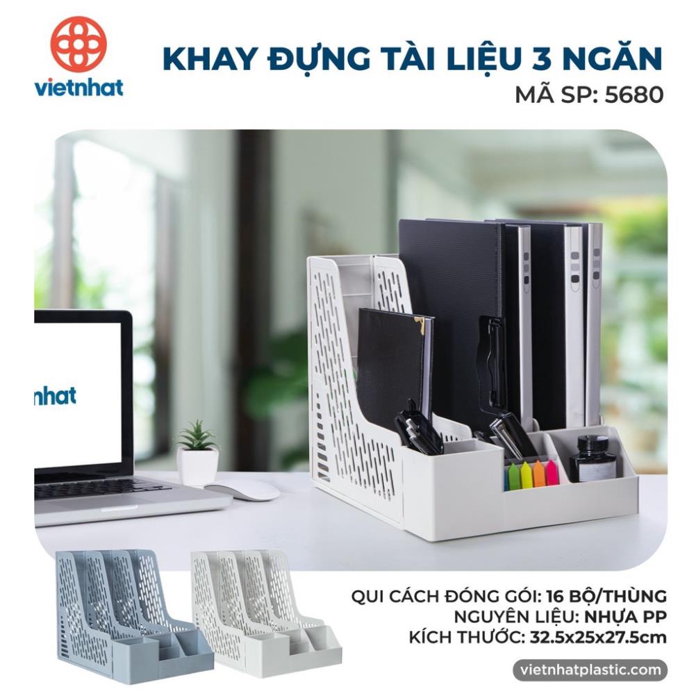 Giá đựng tài liệu 3 ngăn kèm khay để bút Việt Nhật (5680), Khay đựng hồ sơ tài liệu văn phòng để bàn