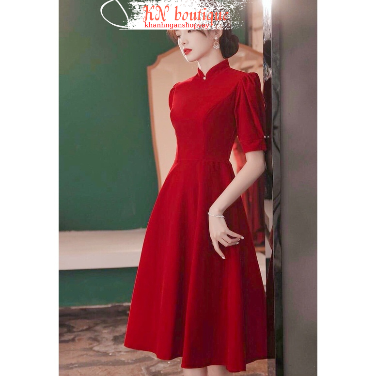 Đầm đỏ tiểu thư dáng dài dự tiệc váy tết noel sang chảnh quyến rũ K N Boutique